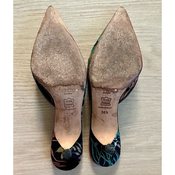 Jimmy Choo Mules Satin Black Floral Pointed Toe Heels Sandals Tropical Sz 38.5 - Picture 6 of 7